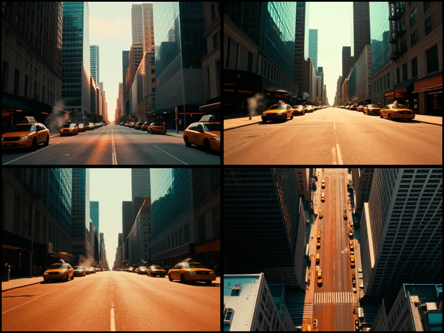 A location reference board generated by Kynd: a wide establishing view of a Manhattan cross-street, two further angles along it, and a high overhead view