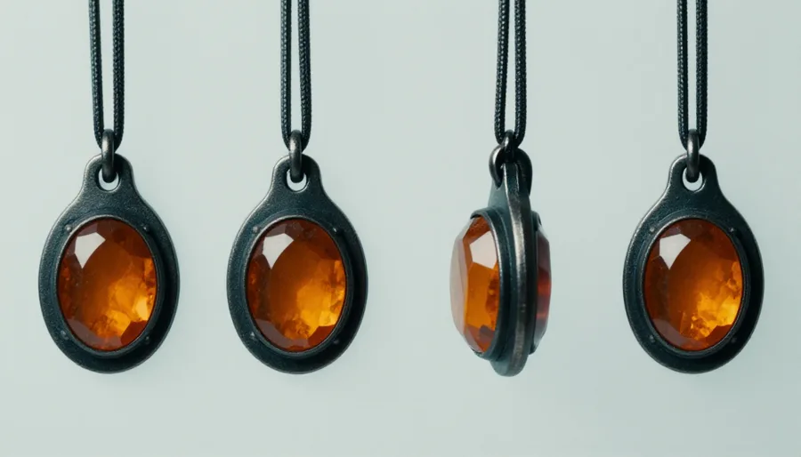A prop reference sheet generated by Kynd: the same pendant photographed front, three-quarter, side and from behind