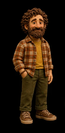 A claymation character sheet: a bearded musician in a checked shirt and green corduroy trousers