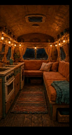 The warm interior of a camper van: fairy lights, bench seats, a little stove and a rug