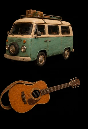 Prop sheets: a teal camper van with luggage on the roof, and an acoustic guitar