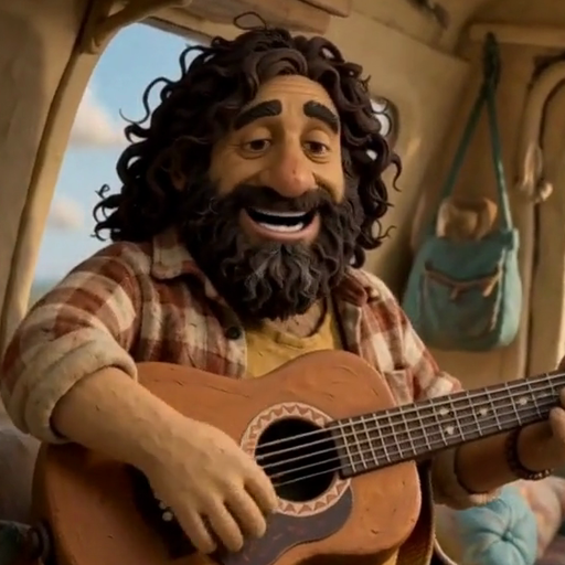 The claymation busker character reference generated locally by Kynd: a curly-haired man with a full beard playing guitar in his camper van — the exact ingredient image the singing film conditions on