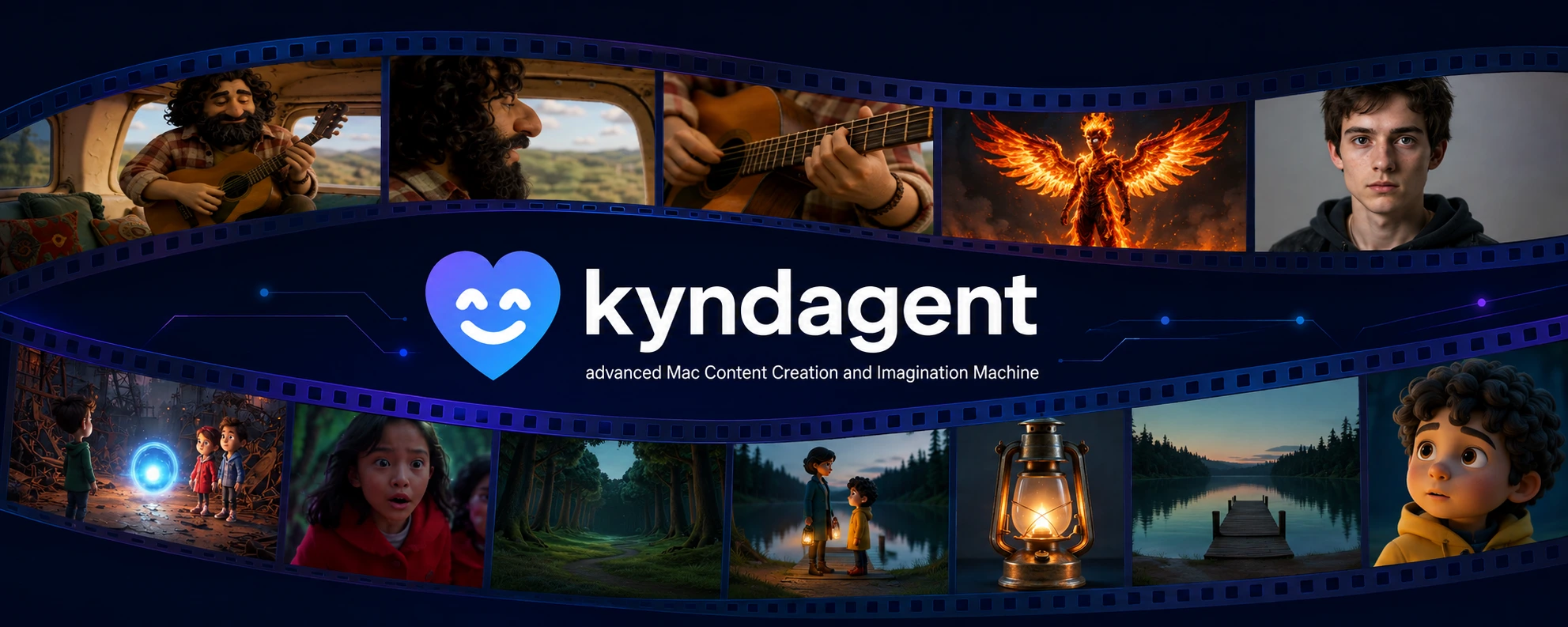 Kyndagent — advanced Mac Content Creation and Imagination Machine. Flowing film strips showcase guitar performances, a fiery phoenix, portraits and animated adventures.