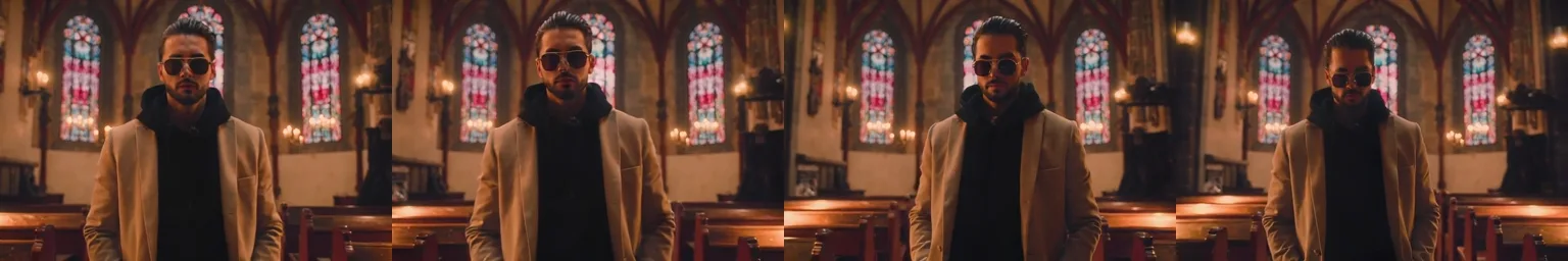 Four frames of a consistent character walking through a candlelit gothic church, rendered locally in a 13.3 GB peak