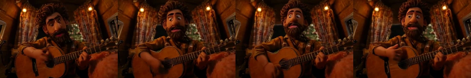 The resulting locally rendered character playing guitar inside the supplied campervan location