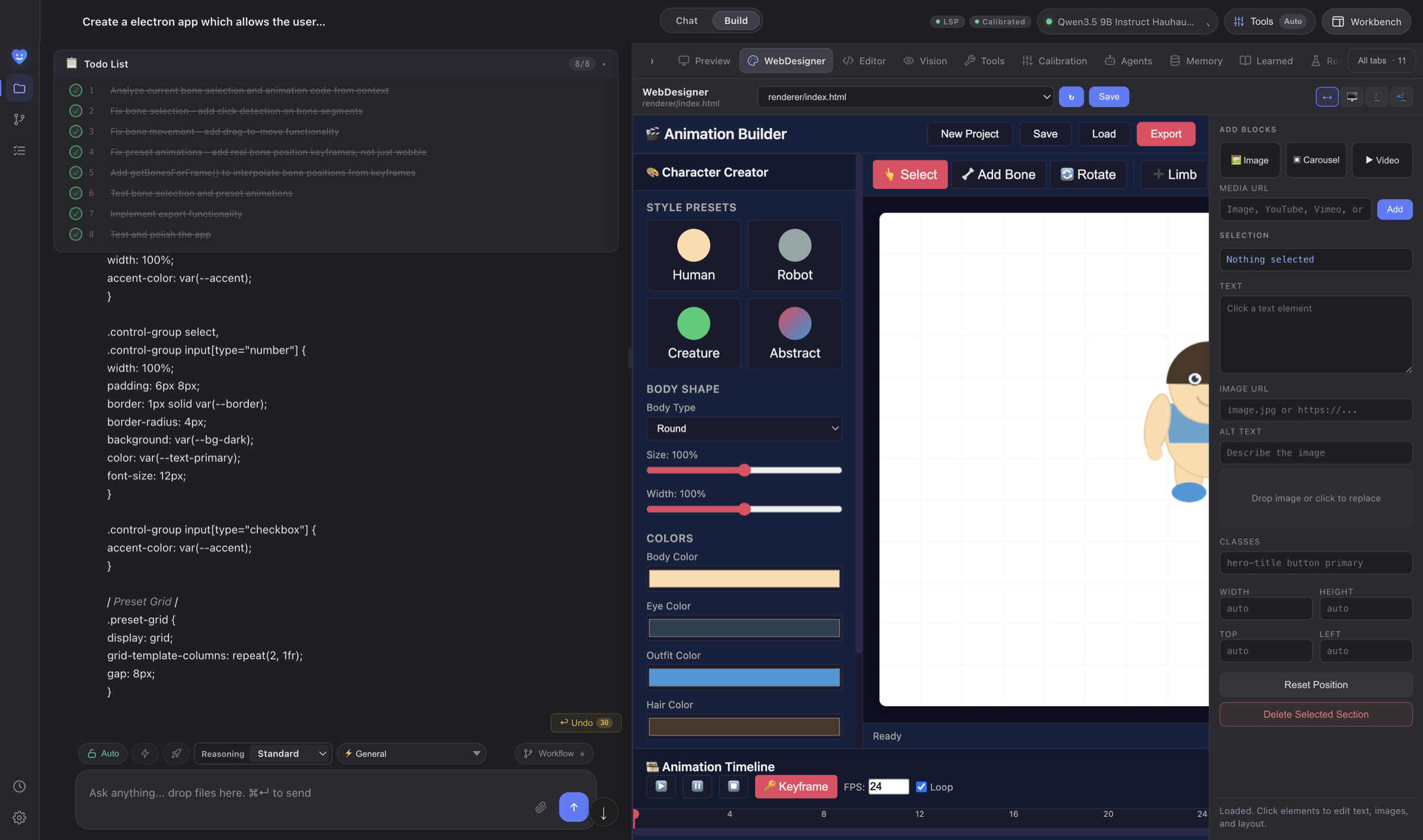Kynd Agent building an Electron animation app: a finished eight-step task list on the left, the running app previewed on the right.
