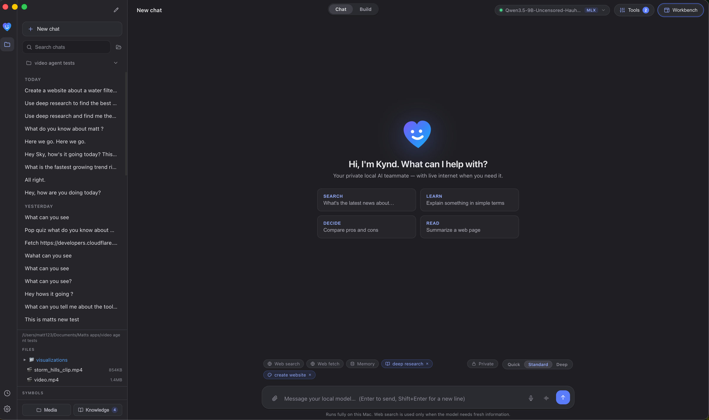 Kynd Agent running a private local chat on a Mac
